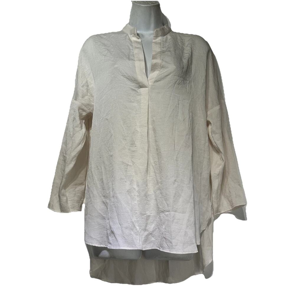 Zara White Top Blouse Popover Career Work Collarless Size M